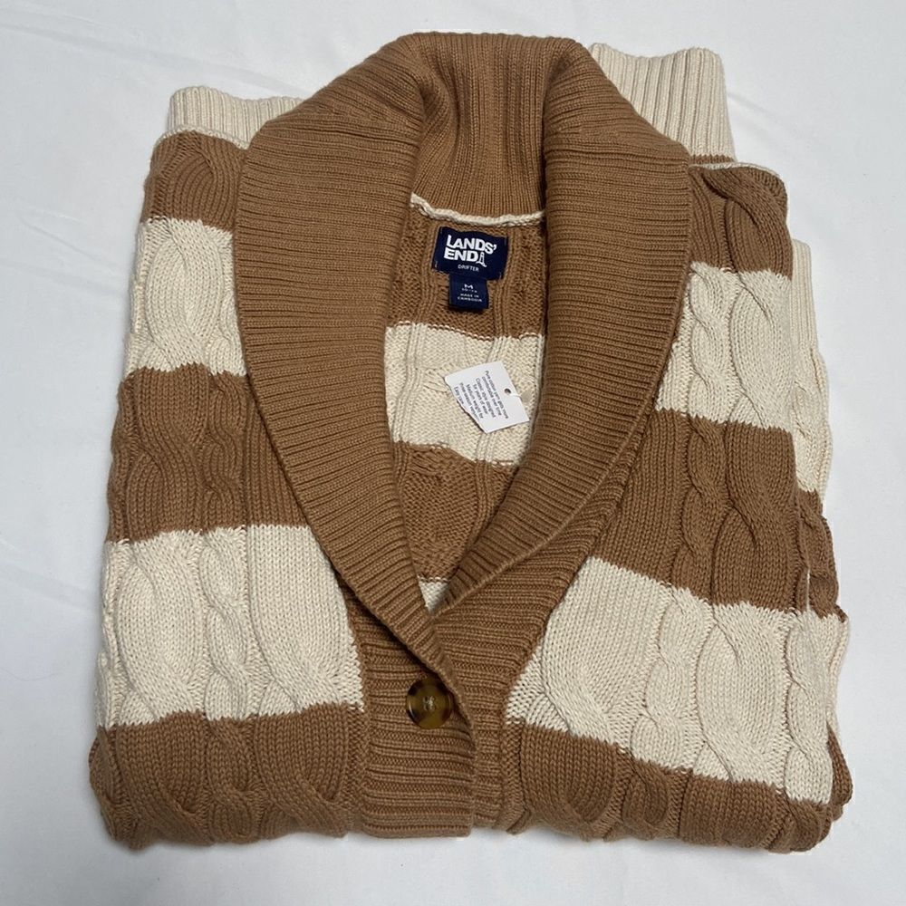 Lands End Drifter Shawl Neck Cable Sweater Cardigan Stripe Size M